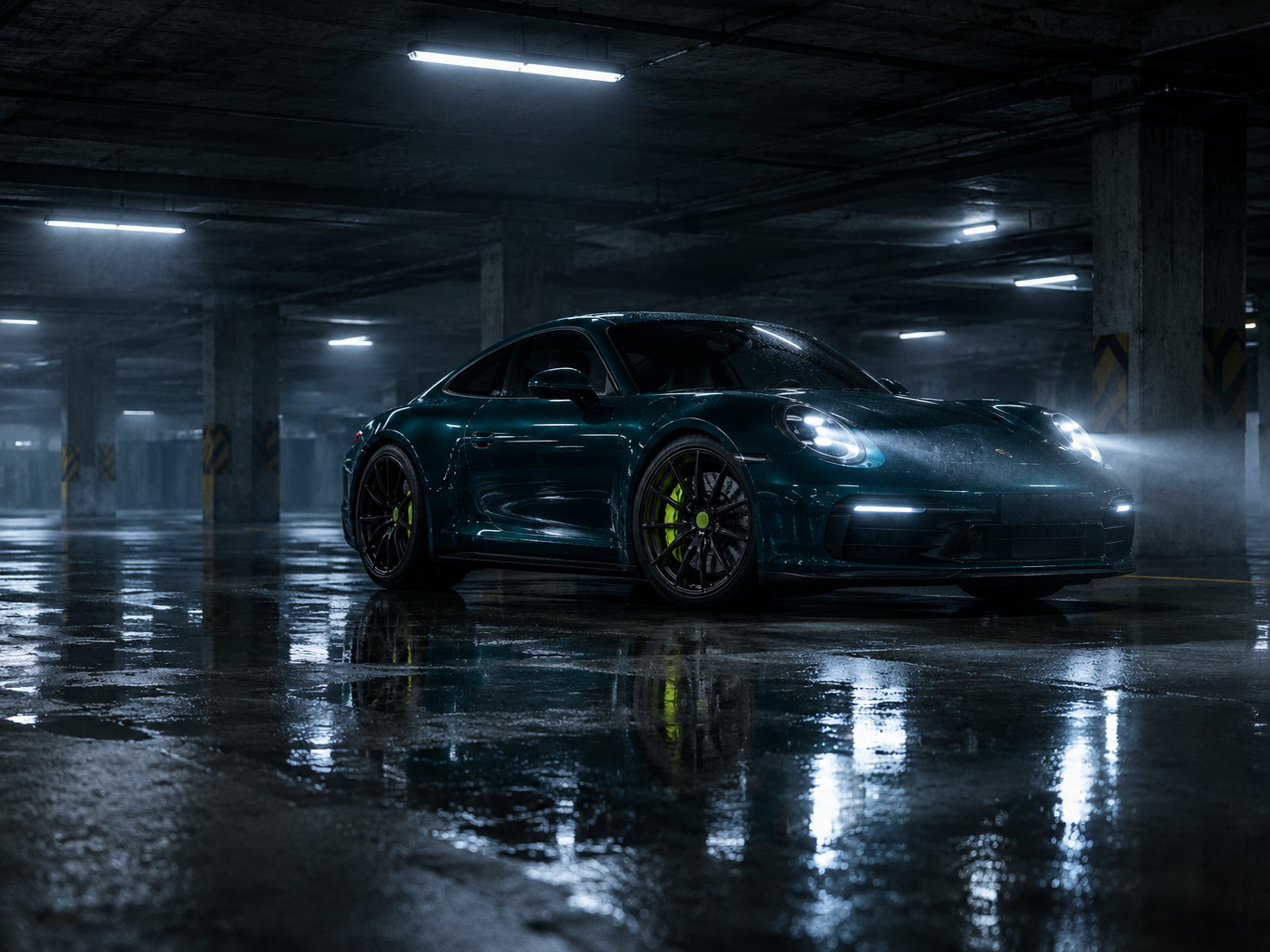 A green coupe in a wet underground car park