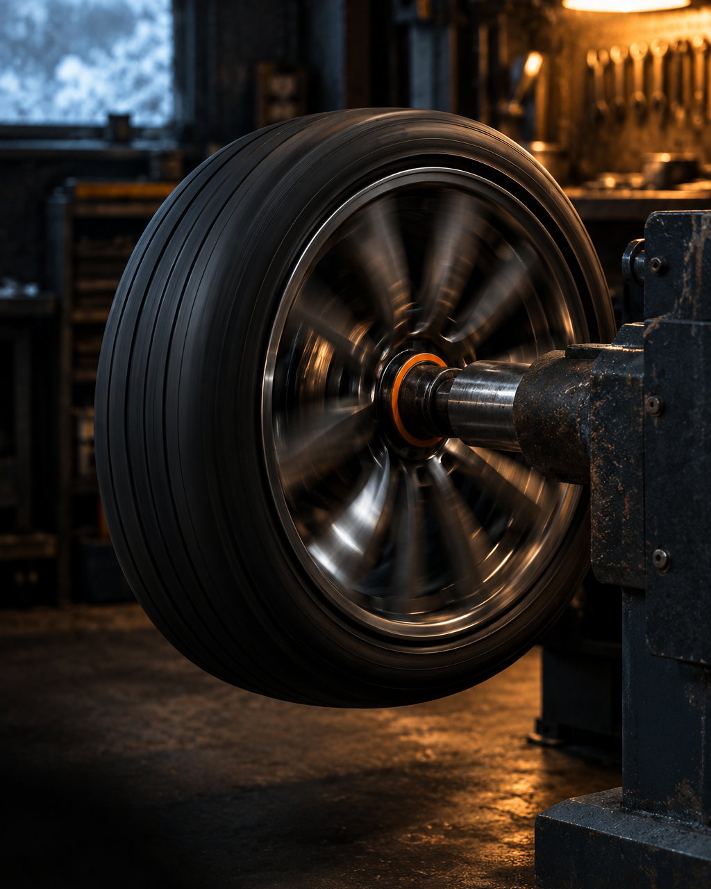 A wheel spinning on a balancing machine