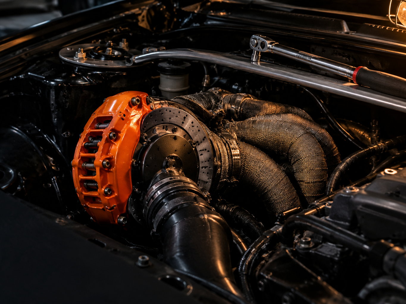 Engine bay detail with a cast turbocharger