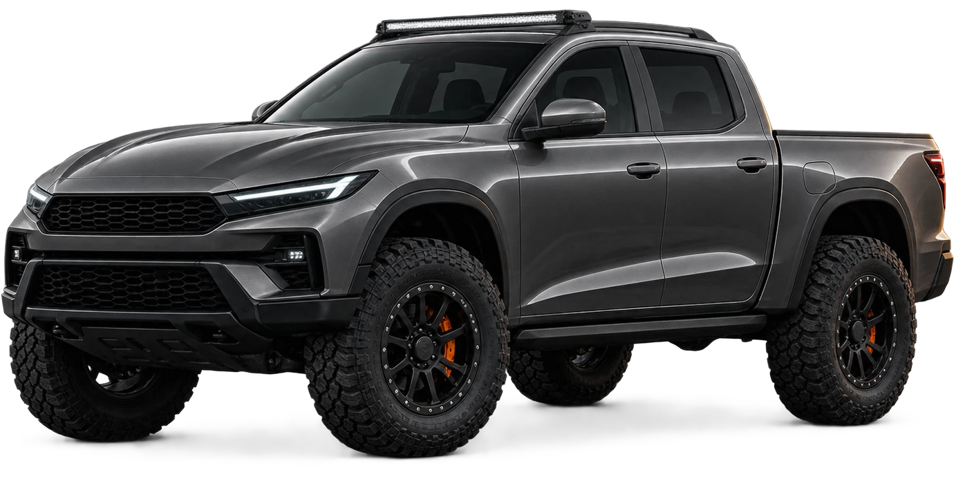 A lifted gunmetal double-cab pickup on all-terrain tyres, facing left