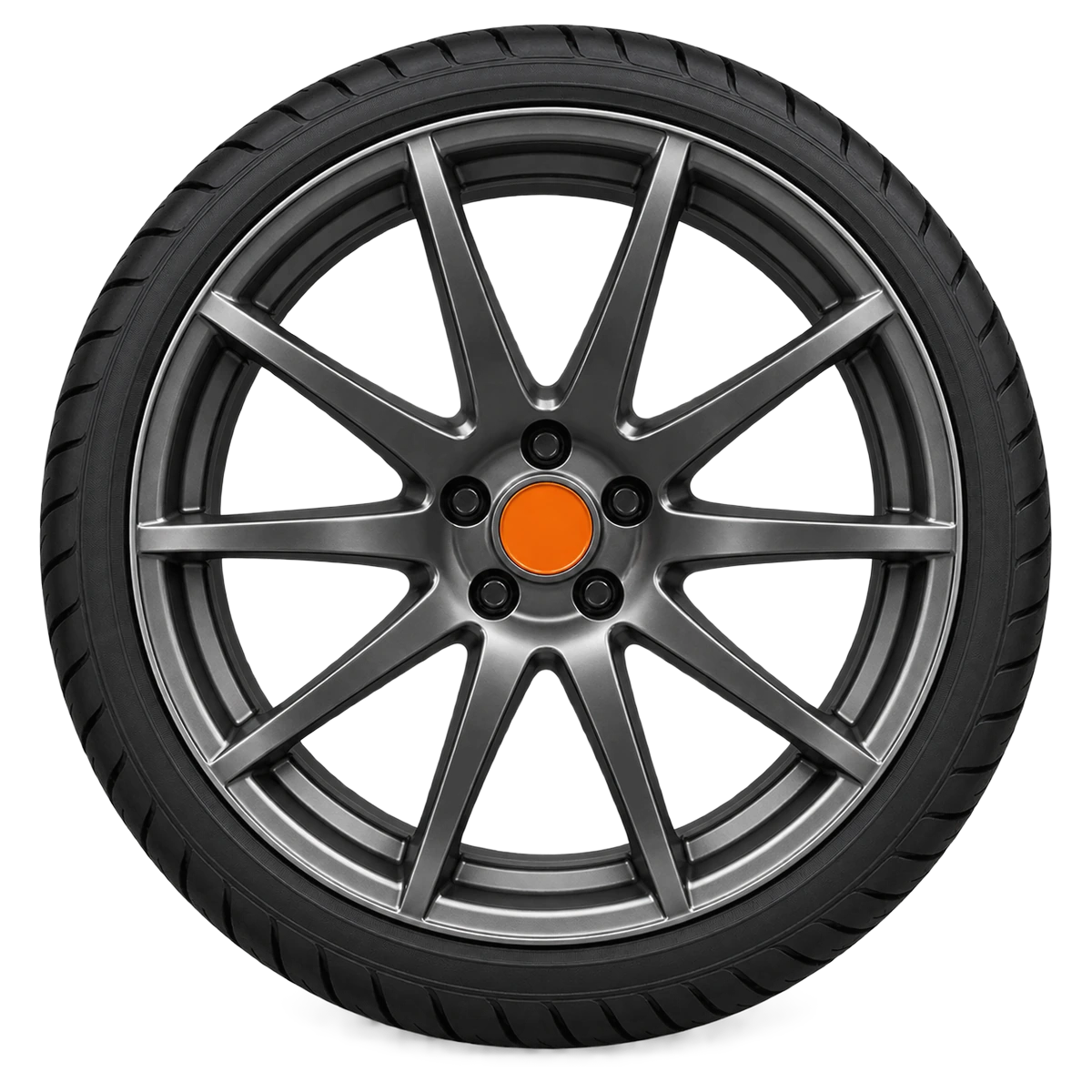 A forged ten-spoke alloy wheel in satin gunmetal, straight on
